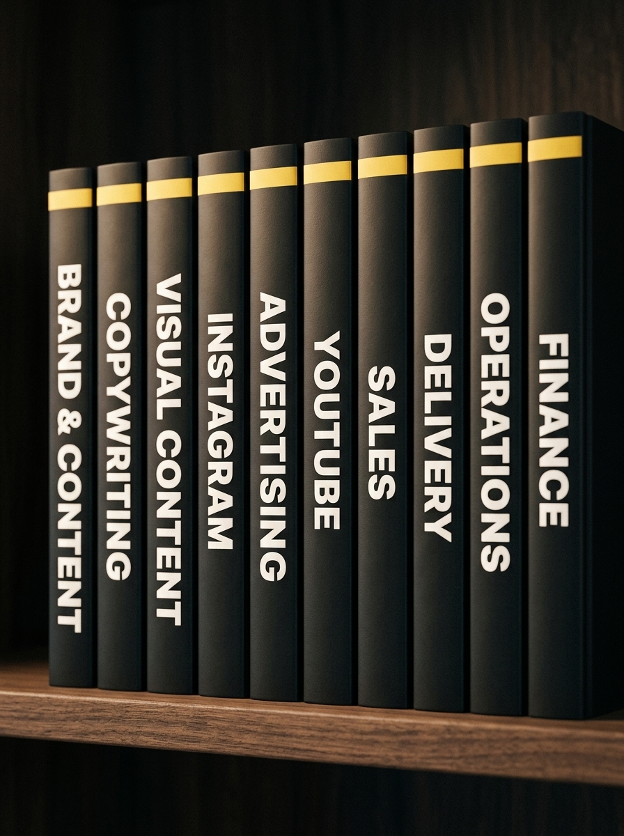 The Operating Systems library on a walnut shelf