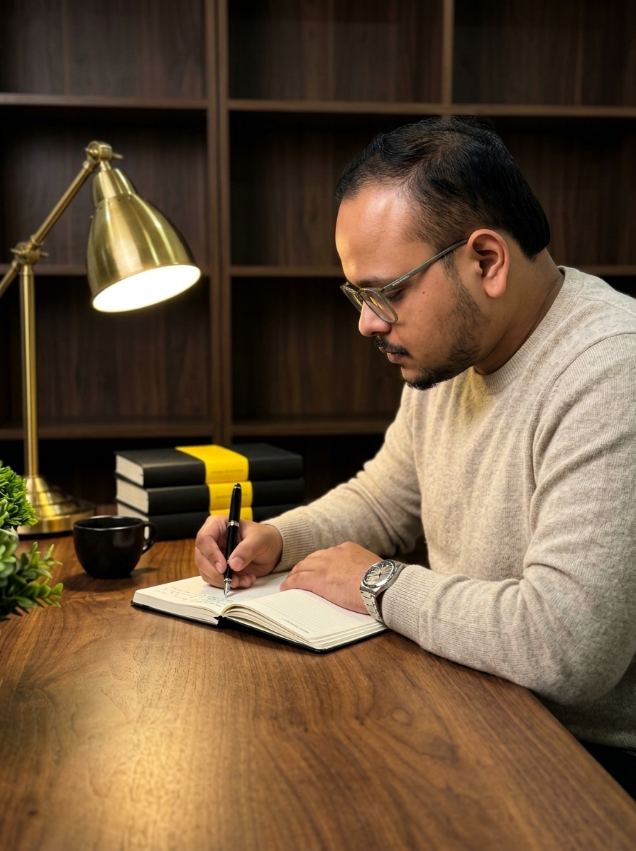 Harshh writing at his desk